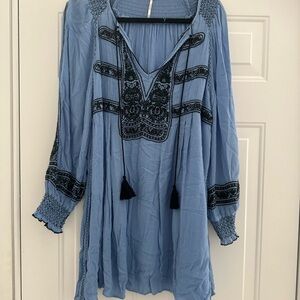 Free People Blue Bohemian Tunic dress with Black Embroidery sz S